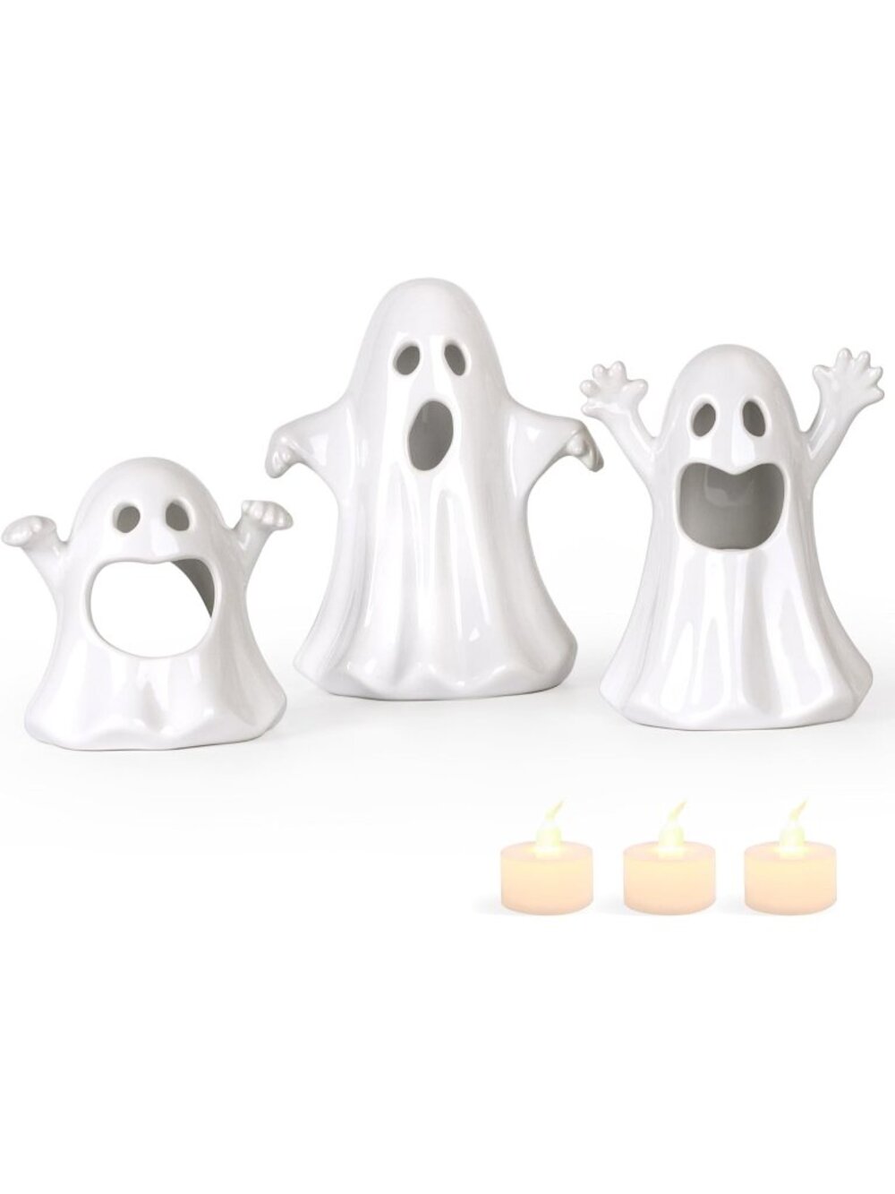 White Ceramic Ghost with 3 Tea Lights Jack-O-Lantern Candle Holder Set of 3